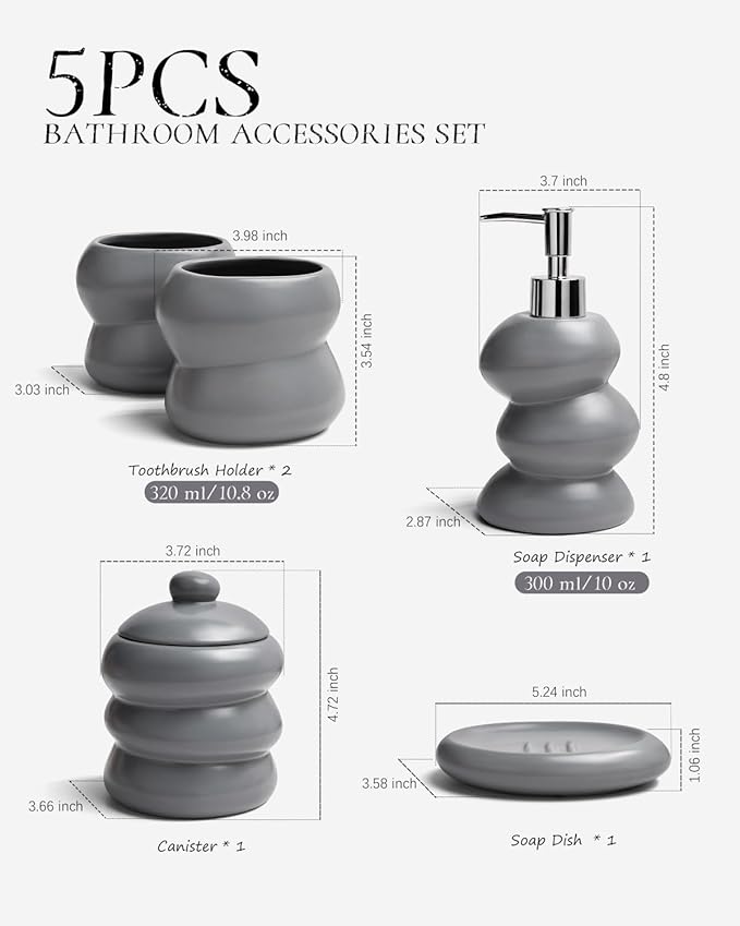 Bathroom Accessory Set 5PCS, Ceramic Bathroom Accessories Set, Irregular Shape Small Bathroom Sets Accessories Complete, Home Apartment Minimalist Decor Vanity Countertop, ANTIS'S HOME (Grey)