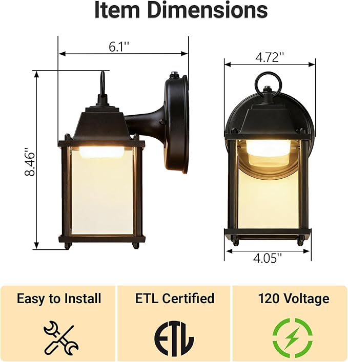 LIT-PaTH Dusk to Dawn Outdoor Wall Lantern, LED Wall Sconce, 3000K Warm White, 9.5W, 800 Lumen, Aluminum Housing Plus Glass, Outdoor Rated, 2-Pack, Black
