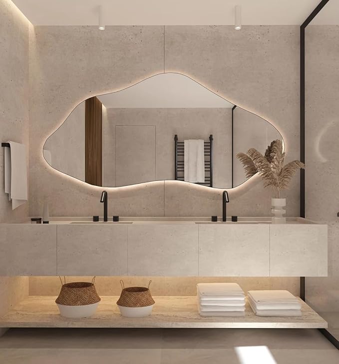 Asymmetrical Bathroom LED Mirror, Modern Irregular Shape Wall Mirror with LED Lights, Frameless Aesthetic Backlit LED Illimunated Vanity Mirror (38" x 19" inc)