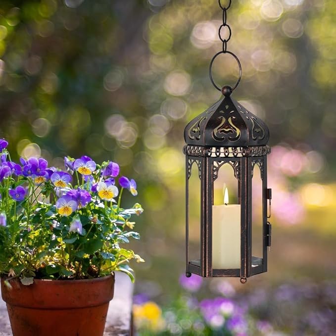 DECORKEY Vintage Medium Size Candle Lantern Decorative, Moroccan Style Vintage Hanging Lantern with Clear Glass, Metal Tabletop Lantern Decor, Indoor Outdoor Candle Holders for Coming Season