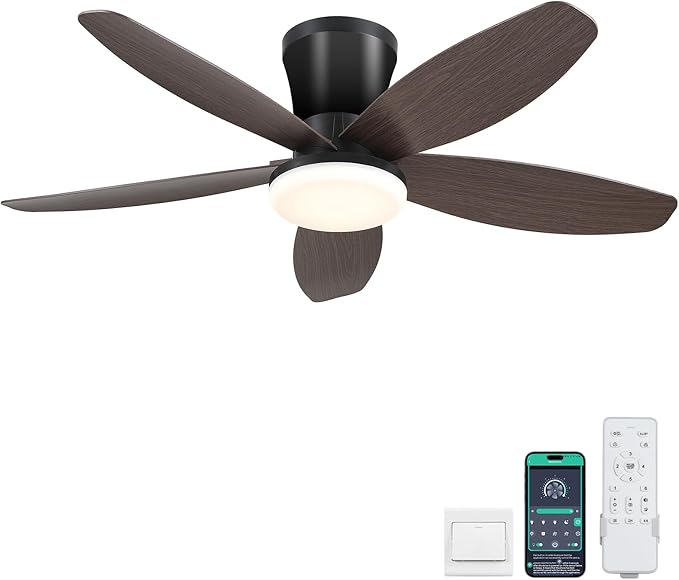 Ceiling Fans with Lights-36 Low Profile Ceiling Fan with Light and Remote/APP Control,Flush Mount,DC Reversible,LED Dimmable Modern Ceiling Fans for Bedroom,Indoor/Outdoor Patio Use(Brown)