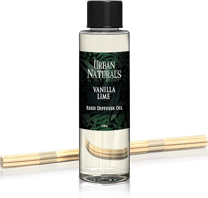 Urban Naturals Reed Diffuser Oil Refill, Vanilla Lime Citrus Essential Oils with Cane Sugar, Lime, Vanilla, 4 oz + Free Reed Sticks, Made in the USA