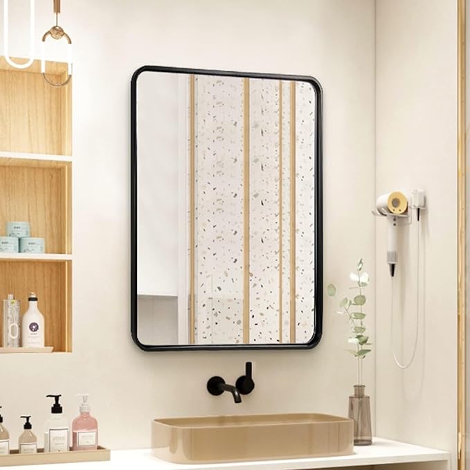 ANDY STAR 30x36’’ Bathroom Mirrors for Wall, Matte Black Bathroom Vanity Mirror, Contemporary Rounded Rectangle Mirrors Wall Mounted in Tube Metal Frame, Hang Horizontal/Vertical 1’’ Deep