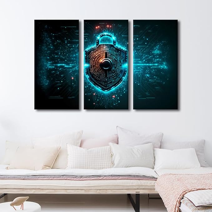 3 Panel Modern Wall Art Contemporary Posters and Prints, Big Data and Cybersecurity Conceptual Artwork Modern Home Wall Decorations Wooden Framed Gallery-Wrapped, 42" Wx28 H