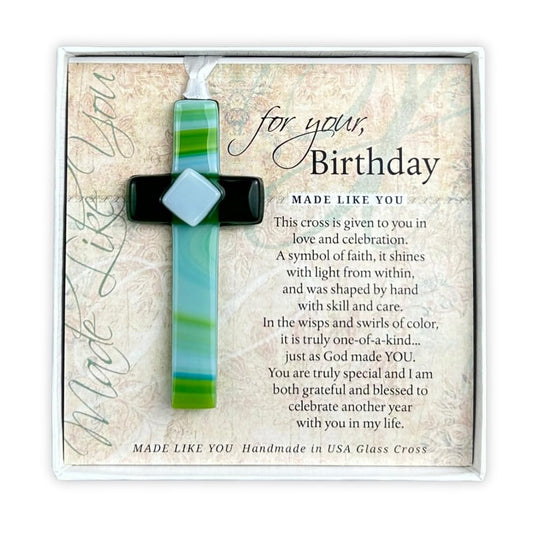 Birthday Cross - Handmade in USA Glass Cross with Sentiment - Christian Birthday Gift for Friends/Colleagues/Family
