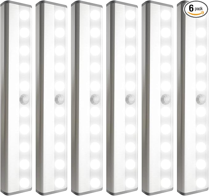 6 Pack LED Motion Sensor Lights, 10 LED Closet Battery Operated Lights, Stick-On Anywhere Magnetic Night Light Bar, Led Safe Light Indoor for Closet Stairs Wardrobe