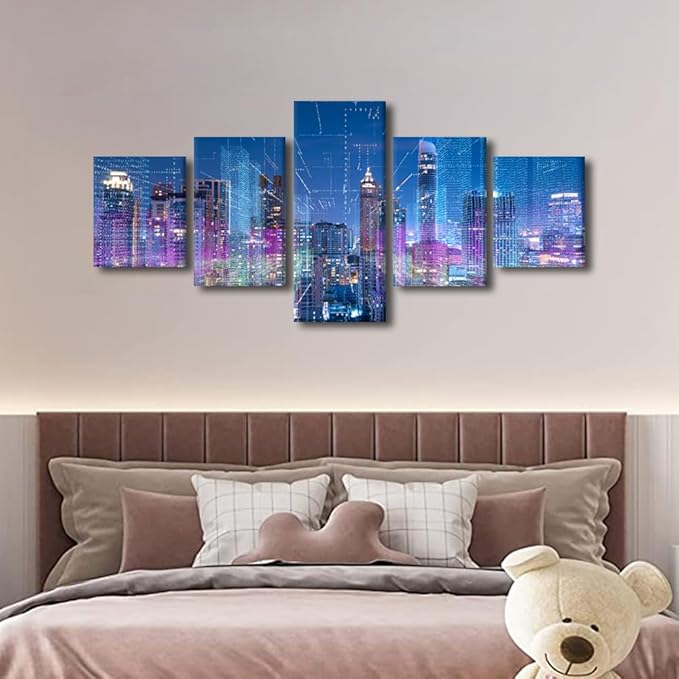 Wall Art for Living Room Wireless Network Picture Printing Meeting Room Wall Decor Company Corridor Wall Decoration 5 Panel Smart City Landscape Poster Frame and Stretched Ready to Hang 50x24 Inch