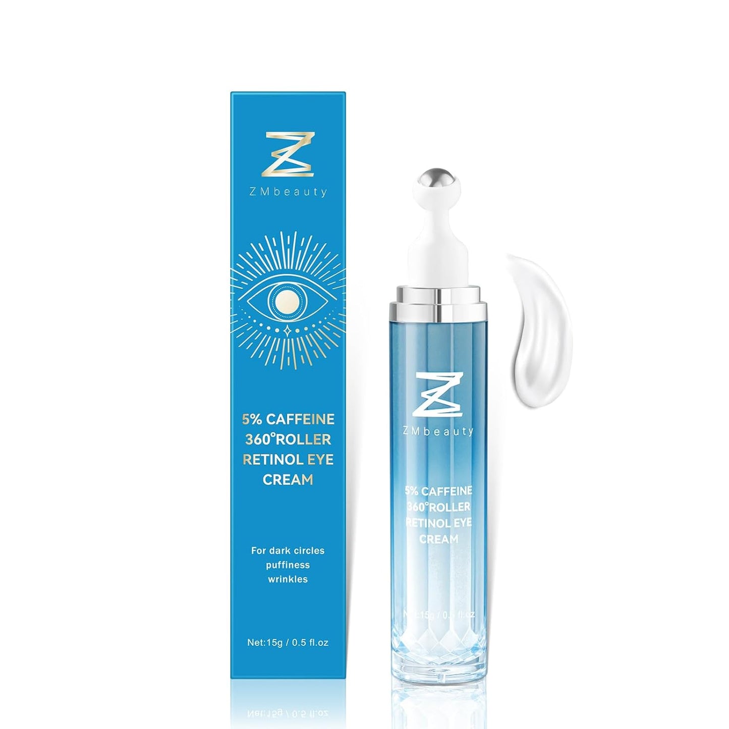 Under Eye Cream with 5% Caffeine, Dark Circles Under Eye Treatment with Retinol, Anti Aging Eye Serum with 360Â° Massage Roller for Eye Bags, Wrinkles and Puffiness, 0.5 fl. oz