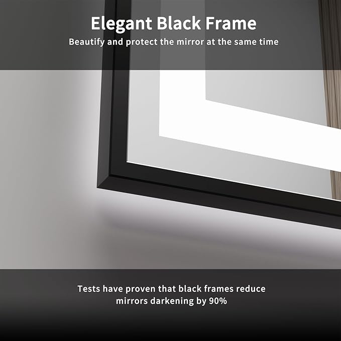 LED Mirror for Bathroom, 24x36 Inch Black Framed Gradient Front and Backlit LED Bathroom Mirror, 3 Colors Dimmable CRI>90, IP54 Enhanced Anti-Fog Bathroom Mirror with Lights