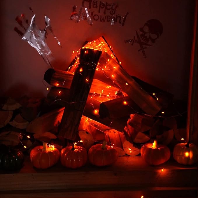 RUICHEN Plug in Fairy Lights with Switch, Waterproof 33 Ft 100 LED Silver Wire Starry String Firefly Lights for Christmas, Halloween, Thanksgiving, Parties, Ceiling, Vases, Craft, Orange