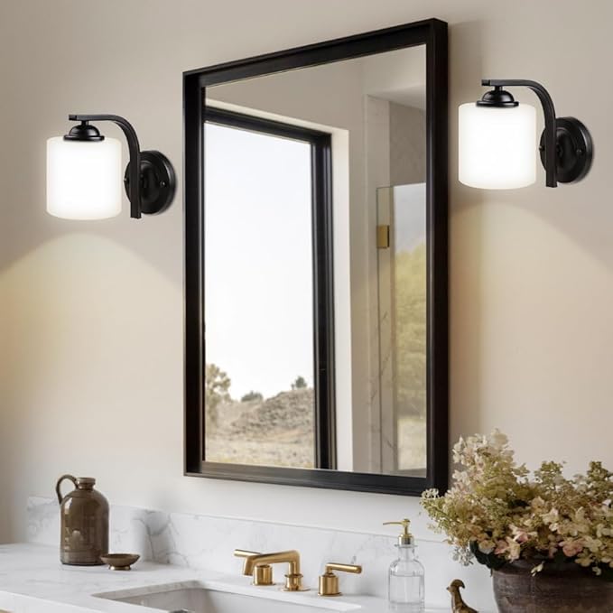 Wall Sconce 2-Light, Modern Wall Lighting Fixture, Bathroom Vanity Lights with Matte Black Wall Lamp for Mirror Bedroom Kitchen Hallway Porch, Milky White Glass Shades, E26 Socket, Bulbs Not Included