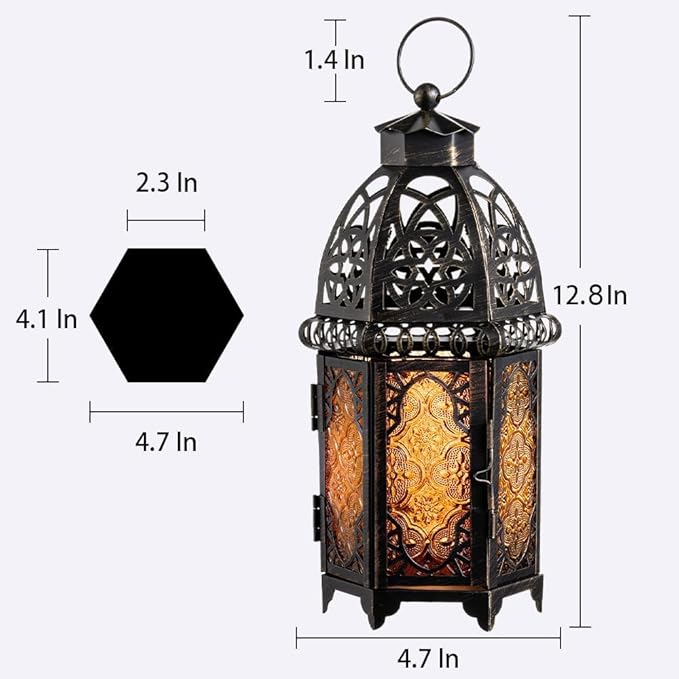 DECORKEY Vintage Large Size Decorative Ramadan Candle Lantern, 12.8’’ Metal Hanging&Tabletop Moroccan Lantern Candle Holder Decor, Halloween Christmas Decorations for Home Indoor Outdoor Patio (Amber)