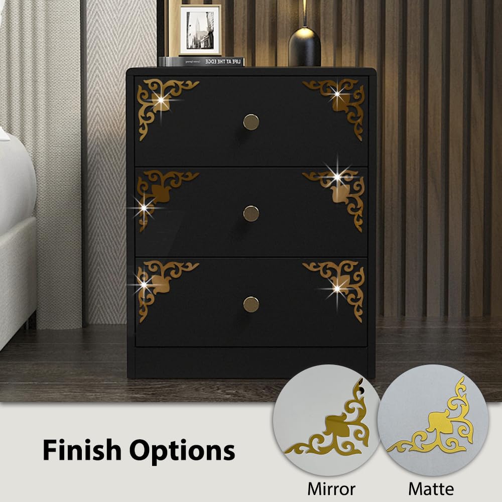 funlife Hollow Self Adhesive Mirror Wall Stickers, Small Plastic Gold Mirror with Adhesive Back for Home Cabinet Wall Decor 3.94" X 3.94"" 16 PCS Corner Onlay Applique Pattern-Mirror"