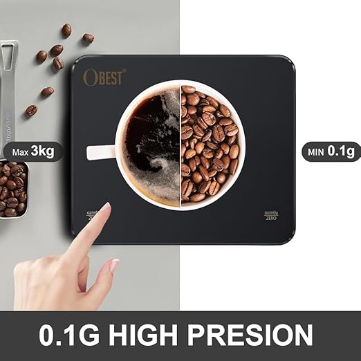 OBEST Mini Coffee Scale with Timer, Rechargeable Espresso Scale with Type-C, Travel Small Coffee Bean Scale with LED Display, Portable Digital Kitchen Scale, Pour Over Scale 3kg/0.1g Precision Black