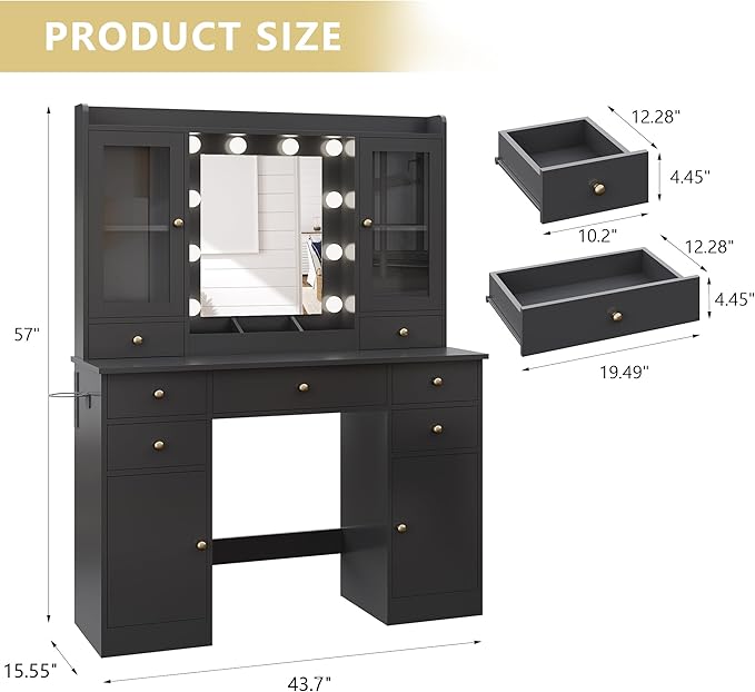 Makeup Vanity Desk with Mirror and Lights, Black Vanity Table Set with Storage Drawers, Charging Station & Cabinets, Large Dressing Table with RGB Ambient Light for Women Girls Bedroom Bathroom