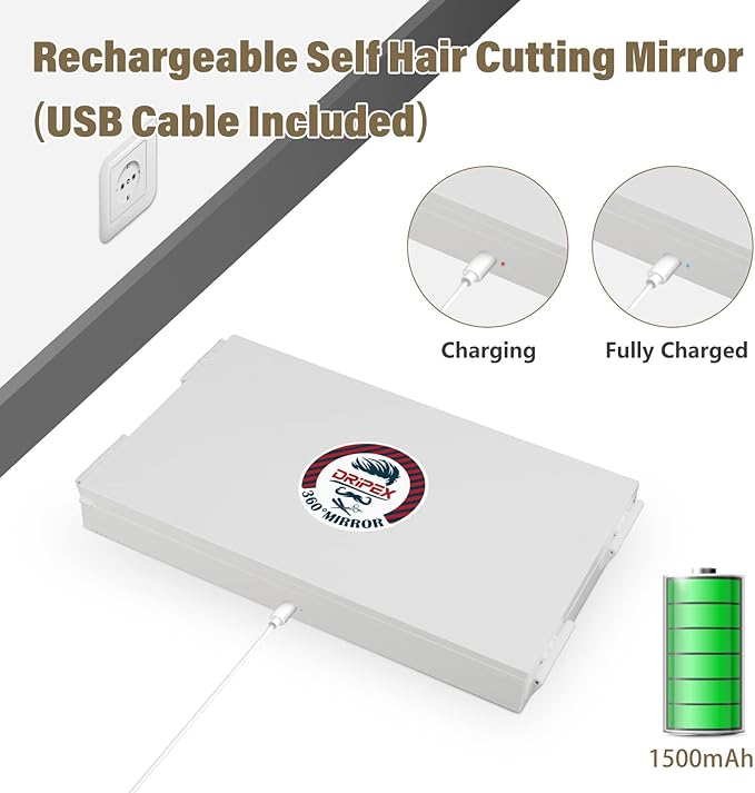 Dripex 3 Way Mirror with Led Lights for Men or Women, 360° Trifold Self Haircut Mirror with Height Adjustable Hooks, for Makeup, Styling, Shaving, Braiding, Dye Hair (White with Led)