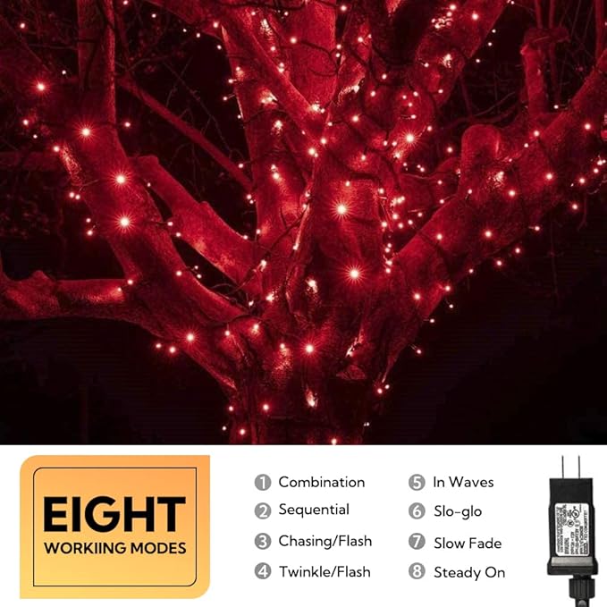 Hopolon String Lights Indoor Outdoor, 33 FT 100 LED Connectable Green Wire Twinkle Fairy Lights, Plug in Christmas Light Waterproof for Wedding Party Patio Spring Decor (Red)