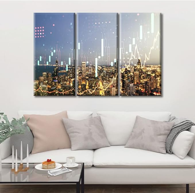 TUMOVO Abstract Virtual Financial Graph Hologram Pictures Wall Decor 3 Panels Chicago Cityscape Background Financial and Trading Concept Paintings Posters and Prints Framed Ready to Hang (36" Wx24 H)