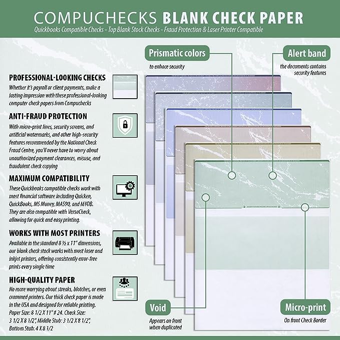 Compuchecks Check on Top Blank Check Paper - 100 Pack, Quick-Books & Laser Printer Compatible - Security Business Checks with Voucher - 8.5" x 11" Brown Marble