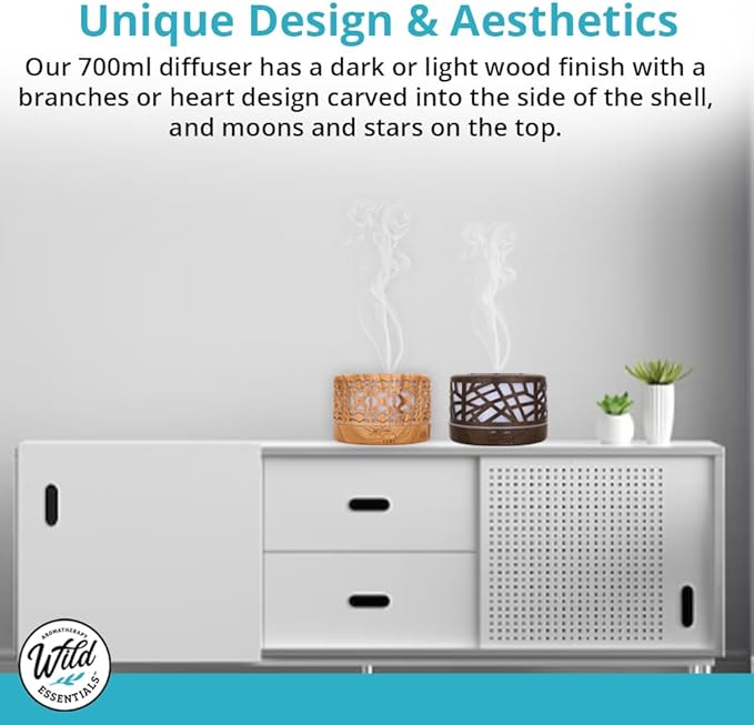 Wild Essentials 700ml Designer Large Room Essential Oil Diffuser, 5 in 1 Ultrasonic Aromatherapy Vaporizer Cool Mist Humidifier, Home, Office Bedroom, Timer Auto-Off, 7 Color LED, Light Wood Branches