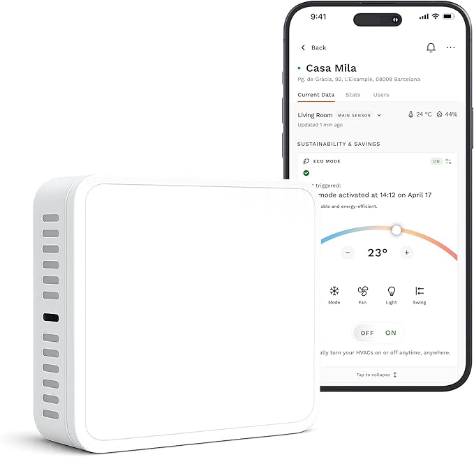 Smart Sensor for Air Quality Monitor, AC Control CO, WiFi Quality, Energy Savings Monitoring | Ideal for Airbnb, Homes & Offices | Tracks Temp, Humidity, Smoke, Noise & More | Version 2.O