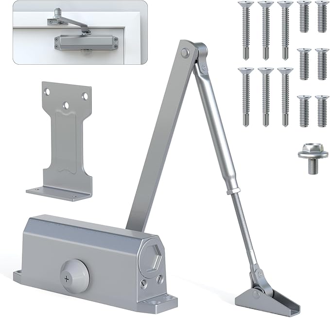 Automatic Door Closer for Home with Hold Open Function, Adjustable Speed Hydraulic Door Closer for Residential and Commercial Use, Silver, Medium