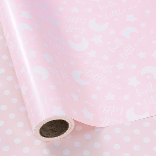 RUSPEPA Reversible Wrapping Paper Roll, Jumbo Roll, Baby Girl Pink and Dots Pattern for Baby Boy or Neutral Gift Wrapping, Kids' Birthday Party and Baby Shower, 30 Inches X 32.8 Feet