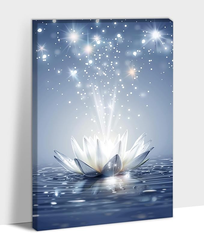 Zen White Lotus Flower Canvas Wall Art, Water Lily Bloom Picture, Lotus Flower Canvas Art Print, Calm Relax Poster, Meditation Spiritual Zen Flower Print for Yoga Spa Spiritual Room 18x24 inch