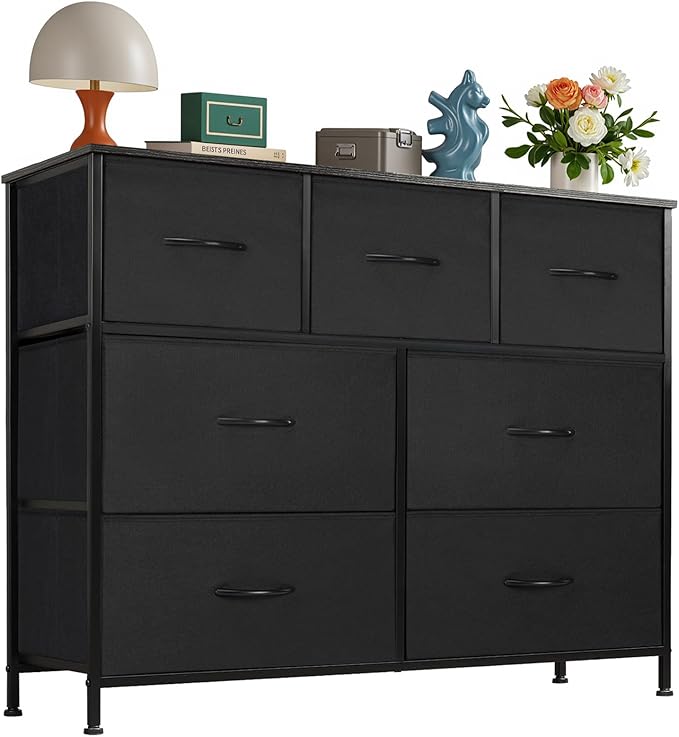 OLIXIS Dresser for Bedroom, 7 Storage Drawers, Wide Fabric Closet Chests Organizer Tower Furniture, TV Stand with Wooden Top Metal Frame for Clothes, Living Room, Hallway, Entryway, Black
