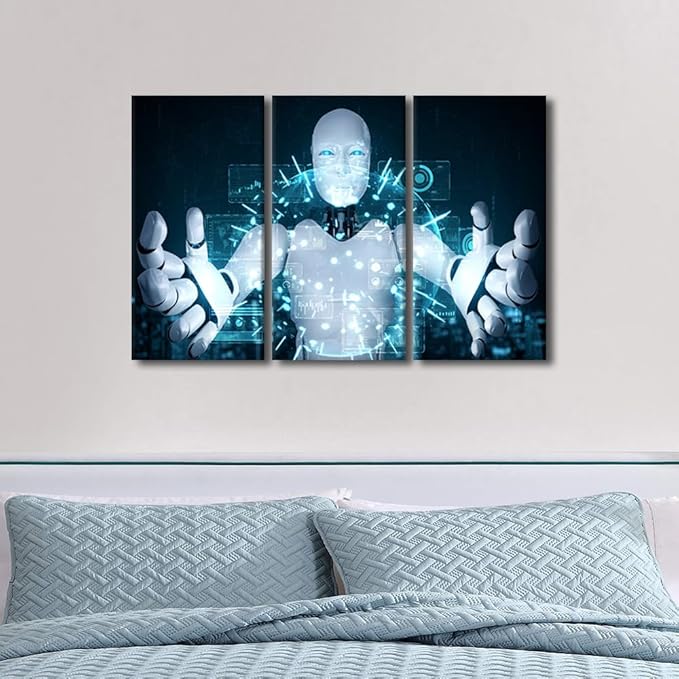 TUMOVO Robot Paintings for Wall Decorations AI Intelligence Canvas Prints AI Wall Art Giclee Artwork 3 Panels Canvas Wall Art Room Wall Decor Stretched and Framed Ready to Hang, 36" Wx24 H