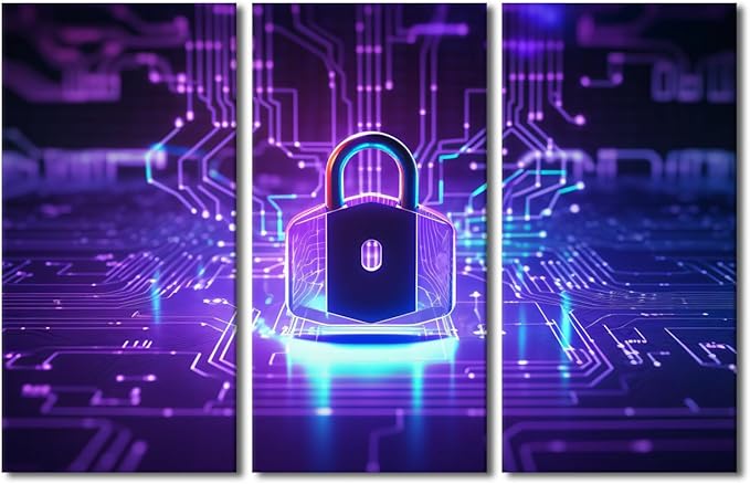 TUMOVO Large Canvas Wall Art Cyber Security Concept Picture Posters for Home Wall Decoration, Padlock on Circuit Board Neon Pictures Print On Canvas Wall Art, Ready to Hang, 60" Wx40 H