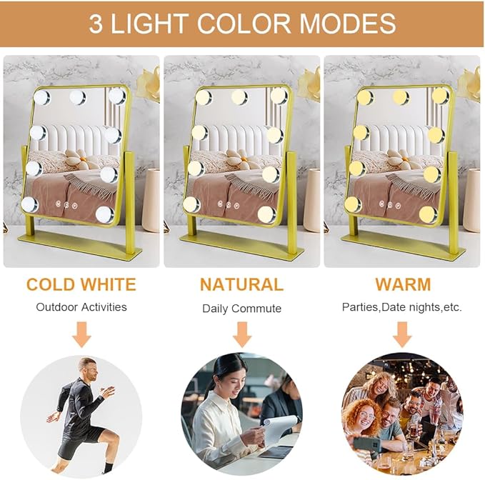 Gold Light Up Vanity Mirror,Make Up Mirror with Lighting, Lighted Makeup Mirror with Magnification, Touch Control Design 3 Colors Dimmable