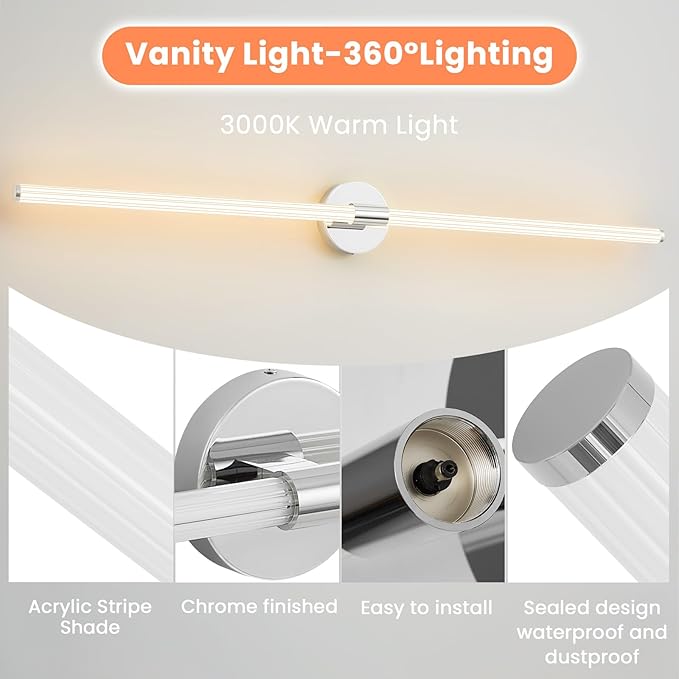 Bathroom Vanity Lights 49 inch Long Bathroom Light Fixtures Over Mirror Hardwired, Dimmable LED 360° Full Lighting Modern Vanity Light Bar Wall Sconce Warm Light for Bedroom Living Room - Chrome