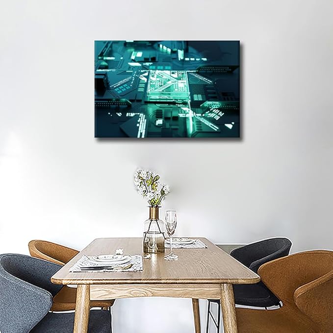 TUMOVO Glowing CPU Wall Decor for Bedroom Living Room AI Wall Art Paintings CPU Concept Pictures Canvas Modern Wall Artwork Home Decorations Office Wall Art Framed Ready to Hang - 24x16in