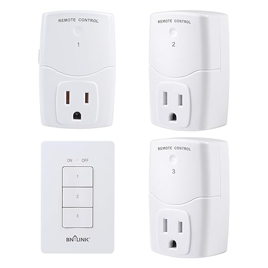 BN-LINK Mini Wireless Wall-Mounting Remote Control Outlet Switch Power Plug in for Household Appliances, Wireless Remote Light Switch, LED Light Bulbs, White (3 Outlets)