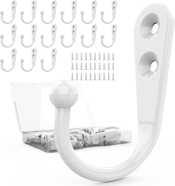 15-Pack Coat Hooks with 30 Screws | Heavy Duty Wall Mounted Hooks for Robe, Backpack, Keys & Entryway Storage | Multi-Use Hanging Hardware (White)