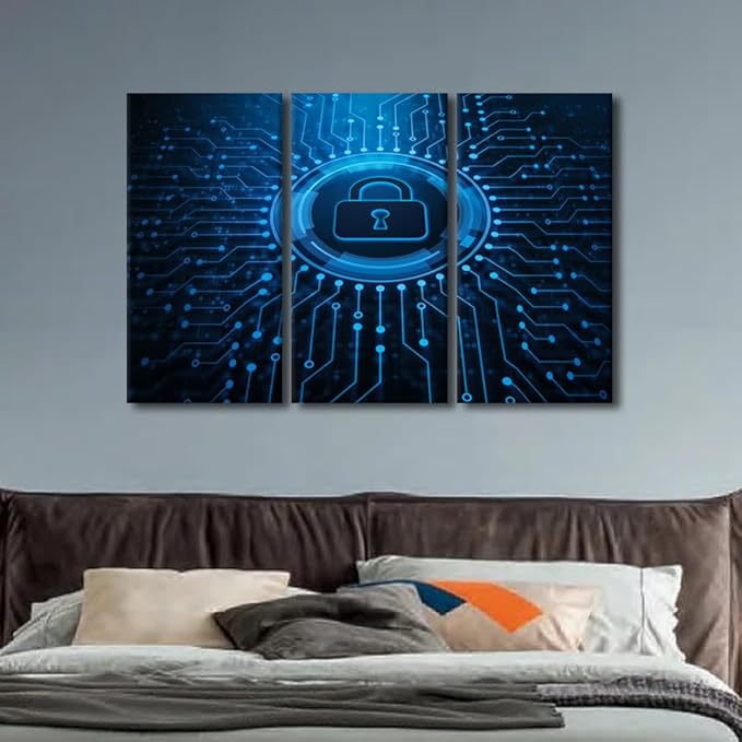Security Lock Symbol Picture 3 Pieces Wall Decorations for Living Room AI Intelligence Canvas Prints Lock Painting Wall Art Contemporary Wall Decor for Home Office Framed Ready to Hang, 42"Wx28"H