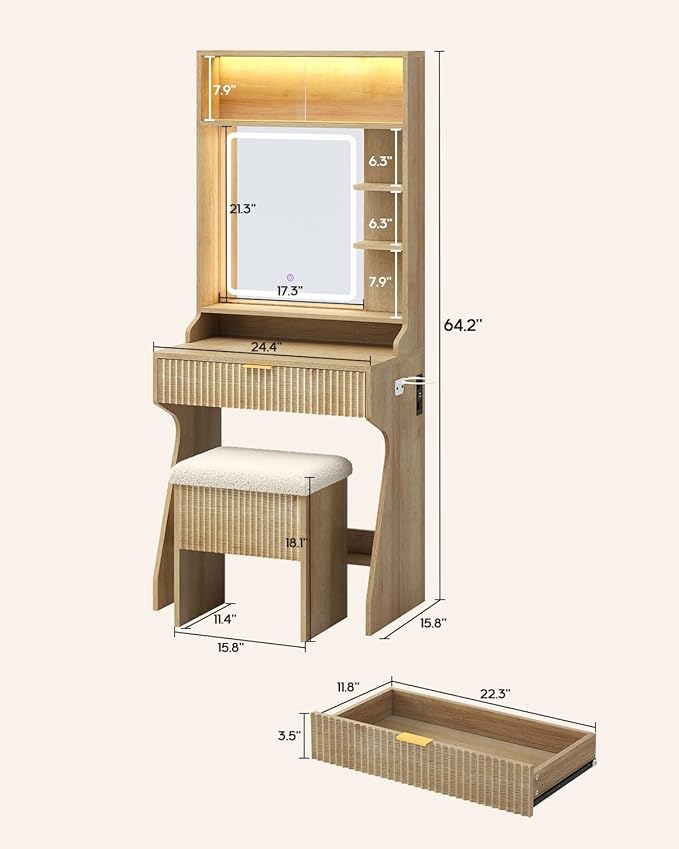 Small Vanity Desk with Mirror and Lights, Sound Sync LED Lights, Fluted Wood Compact Makeup Vanity Table Set with Teddy Fleece Chair, Storage Drawer, Shelves, Bedroom (Oak)
