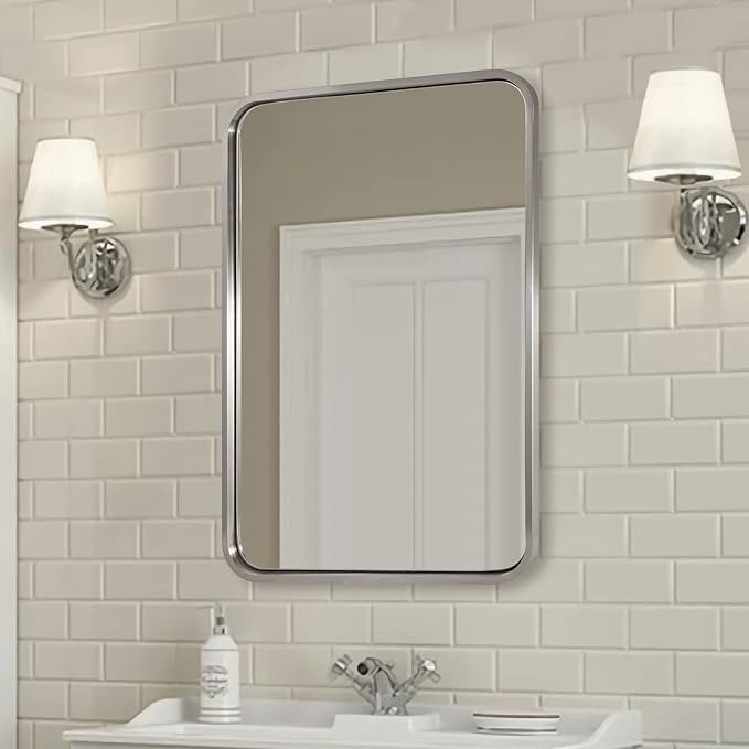 ANDY STAR Mirrors for Wall, 20x28’’ Brushed Nickel Bathroom Mirror, Rounded Rectangle Mirrors for Vanity, Anti-Rust SUS304, Tube Metal Frame, 1’’ Deep Wall Mounted Vertically/Horizontal