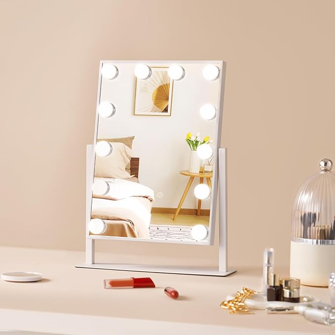 VEVOR Hollywood Vanity Mirror with Lights, 12 Dimmable Bulbs & 3 Color Lighting Modes, Makeup Mirror with Detachable 5X Magnification, Smart Touch Control, 360 Degree Rotation(16.1x11.8 in, White)
