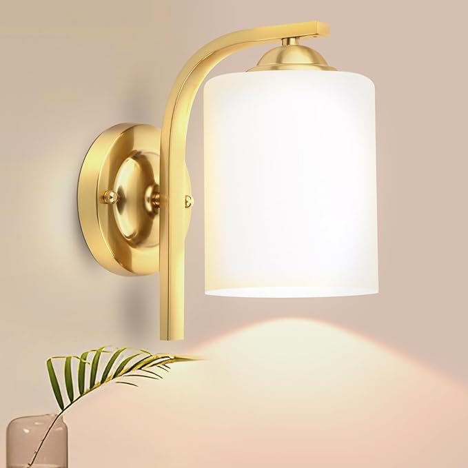 CANMEIJIA Gold Wall Light Fixtures, Wall Sconce 1 Light, Gold Wall Lamp Bathroom Vanity Lightting for Mirror Bedroom Hallway Kitchen Porch, Milky White Glass Shades, E26 Socket, Bulbs Not Included