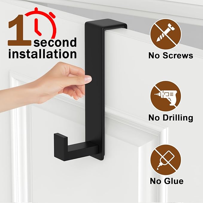 Over The Door Hooks, Door Hanger Hooks for Hanging Heavy Duty, Hat Organizer Coat Rack Towel Hooks for Bathroom, Door Rack for Bedroom Entryway Office (Black, 2 Pack, Fits 1-3/4" Thick Door)