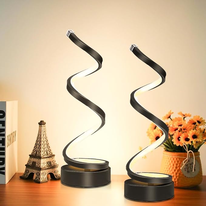 Table Lamp Set of 2 for Bedroom Living Room,Dimmable Black Lamps Set of 2 Button Control,Warm Lamp Desk Light Lamps,Spiral Small Decorative Lamp for Home Office,Modern Night Stand Light Set 2