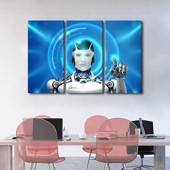 TUMOVO AI Artwork for Home Walls AI Intelligence Pictures Print on Canvas Robot Painting 3 Pieces Wall Art AI Modern Artwork Giclee Posters Framed Ready to Hang, 60" Wx40 H