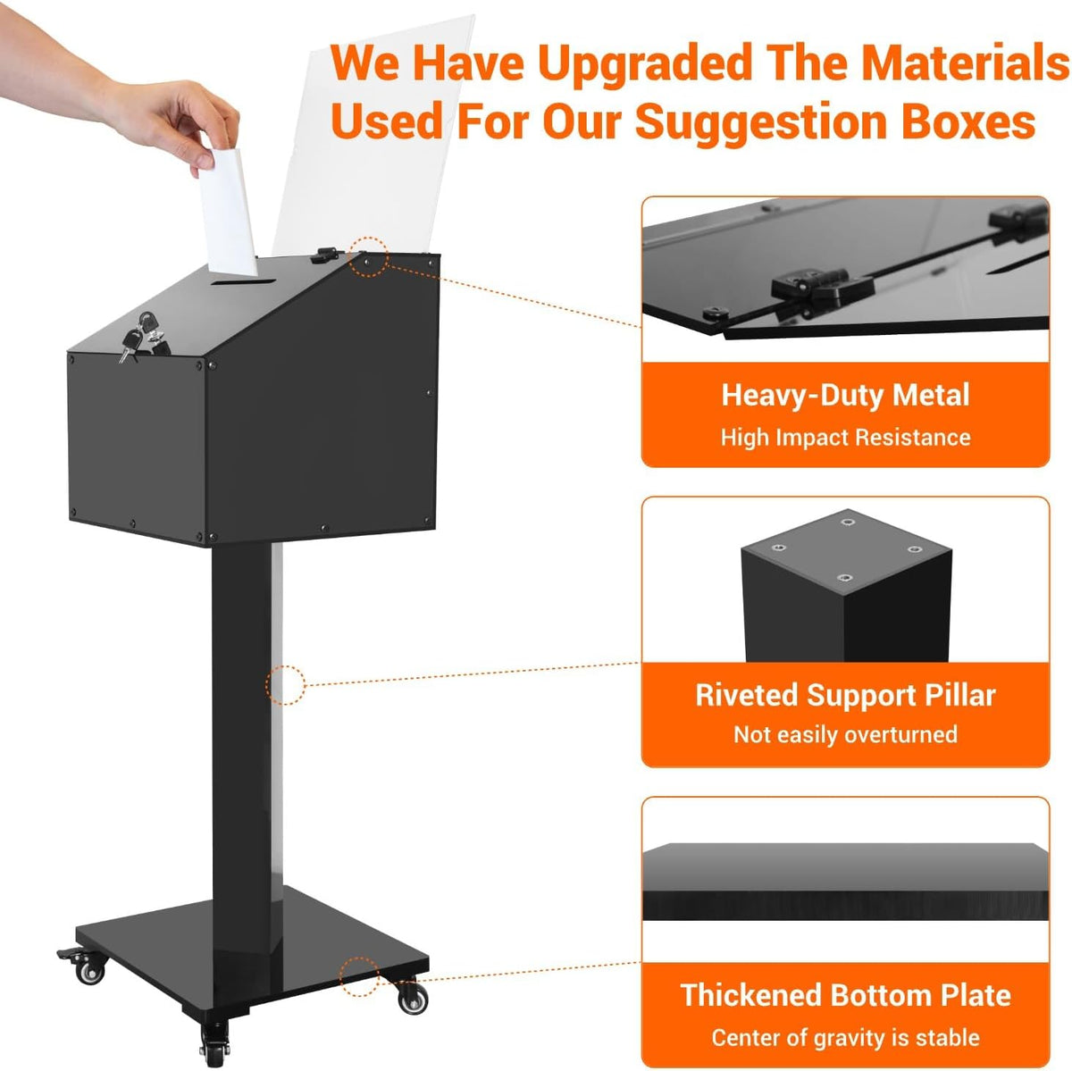 Acrylic Donation Box with Stand, Large Suggestion Box for Church, Drawing Raffle with Key and Lock, Secure Collection Box for Fundraising, Offering, Ballots, Feedback, Black