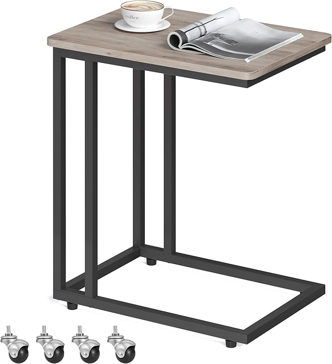 VASAGLE End Table, C Shaped TV Tray with Metal Frame Rolling Casters, Industrial Side Table for Living Room Bedroom, 19.7 x 13.8 x 23.6 Inches, Greige and Black
