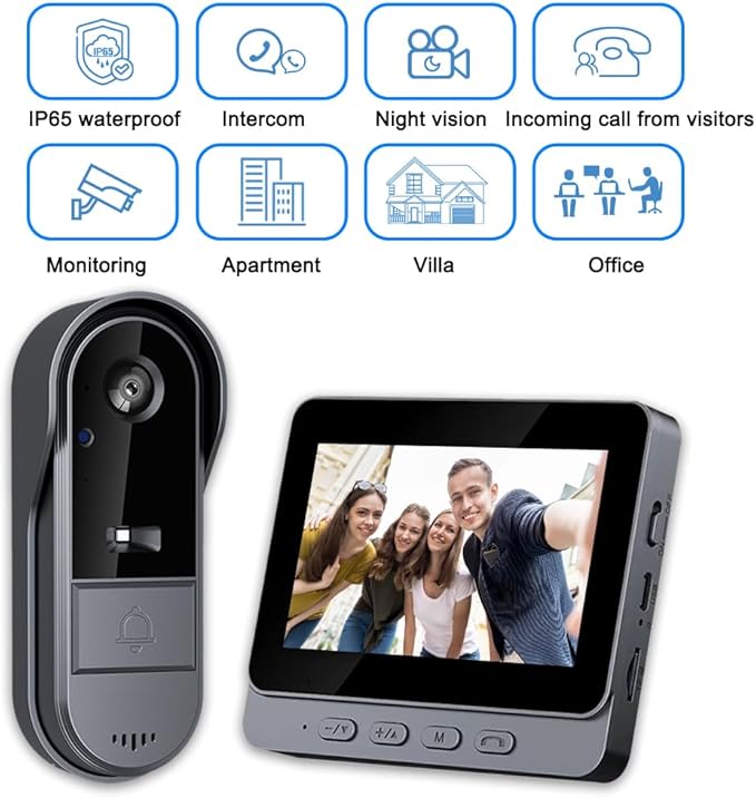 Wireless Doorbell Camera No Subscription with 4.3" Monitor,Waterproof 1080P Video Intercom No WiFi/App Needed, 170° Wide Angle Door Bell with Night Vision, Local Recording for Home/Apartment/Seniors