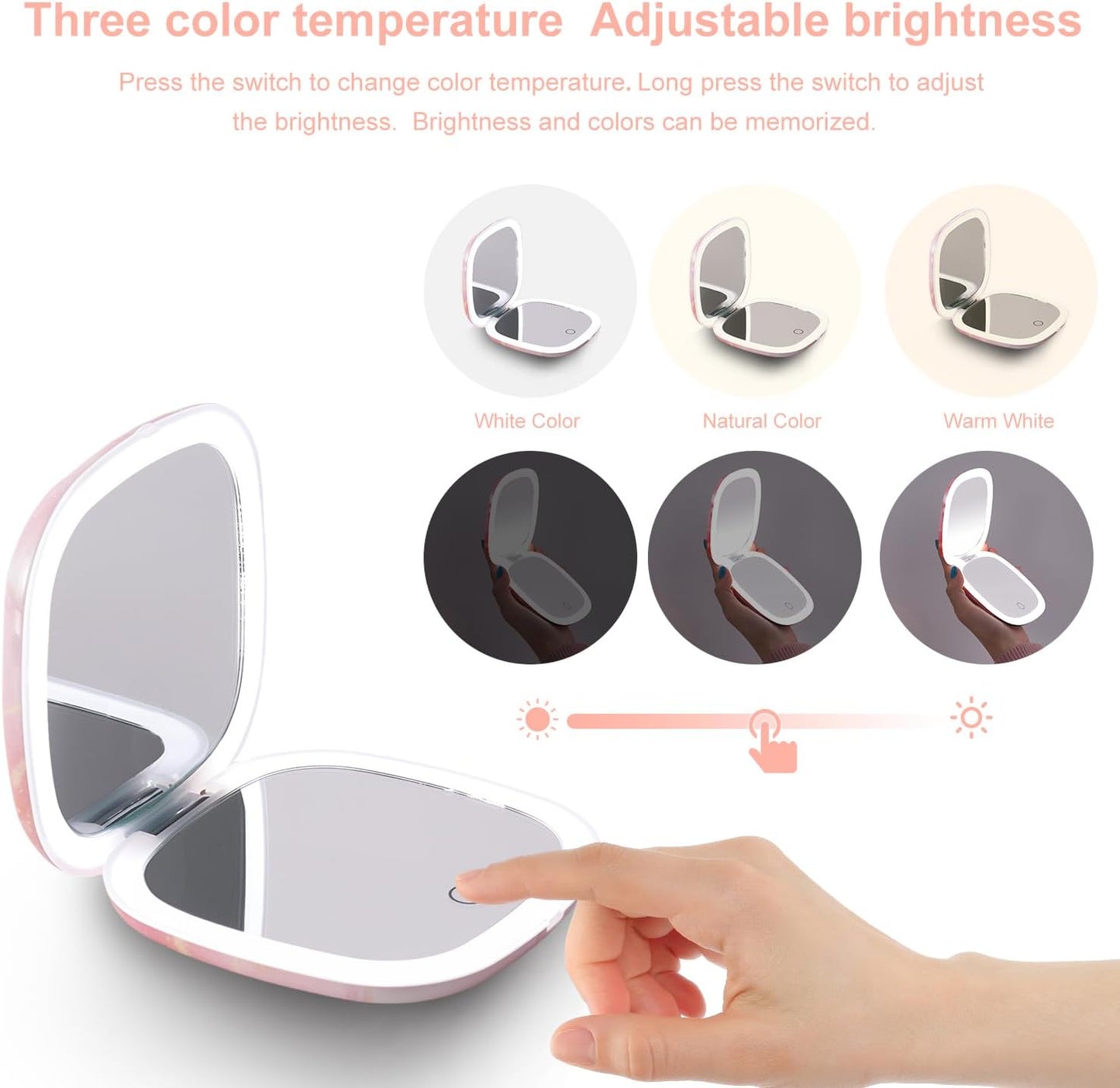 Mocado Compact LED Travel Makeup Mirror - 4 Inches 1X/10X Magnification Travel Mirror with Light Dimmable Double Sides Lighted USB Rechargeable Compact Mirror for Purse,Pocket,Travel(Pink Marble)