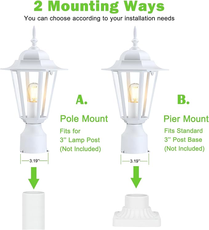 Outdoor Post Light, Pole Lantern, Waterproof Die-Cast Aluminum Pole Light Fixture with Glass, Exterior Post Lamp for Garden Yard Patio Pathway, Matte White, 2-Pack