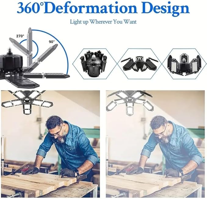 2 Packs LED Garage Light, Super Bright Screw in E26/E27 Ceiling Shop Work Lamp, 260W 26000 Lumen Deformable Basement Bulb Fixture with 10+1 Adjustable Panels, Lighting for Workshop, Attic